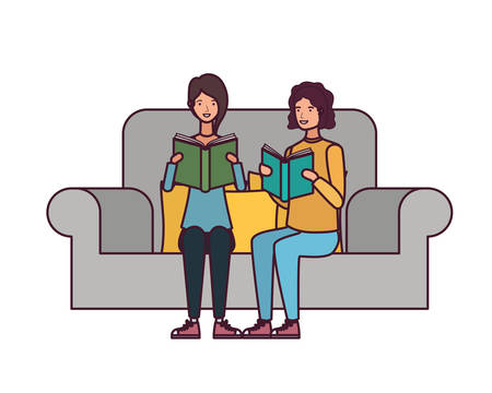 couple sitting on chair with book in hands vector illustration designのイラスト素材