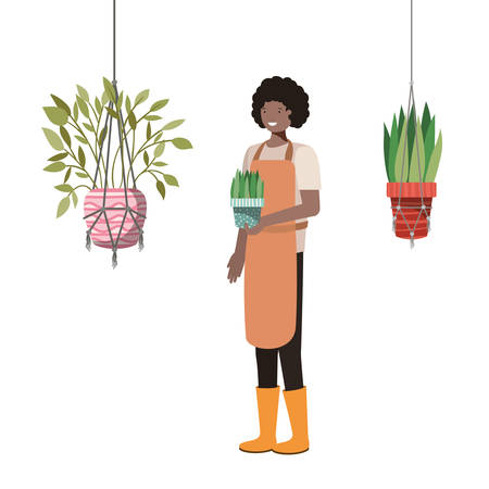man with houseplant in macrame hangers vector illustration designのイラスト素材