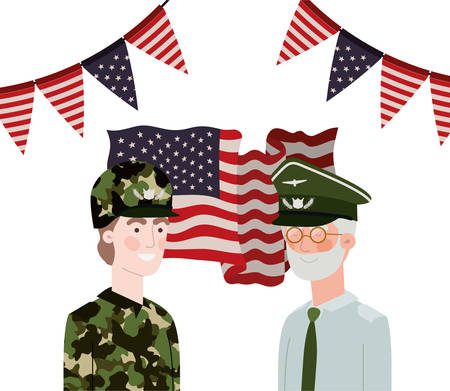 men soldiers of war with flag of united states background vector illustration designのイラスト素材