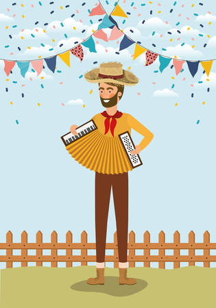 young farmer playing accordion with garlands and fence vector illustration designのイラスト素材