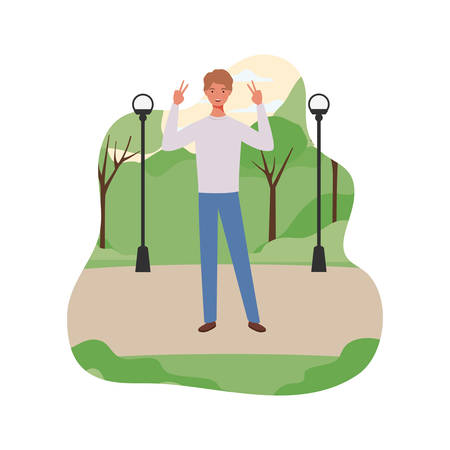 young man standing with landscape background vector illustration designのイラスト素材