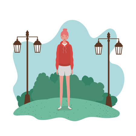 young woman standing with landscape background vector illustration designのイラスト素材