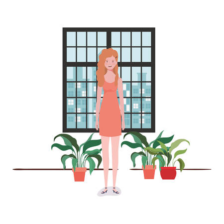 woman living room with view the city by window vector illustration designのイラスト素材