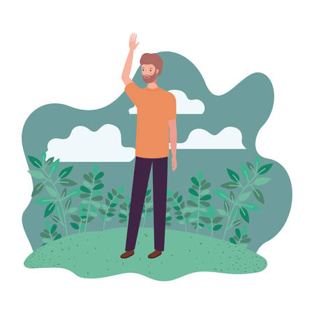 young man standing with landscape background vector illustration designのイラスト素材