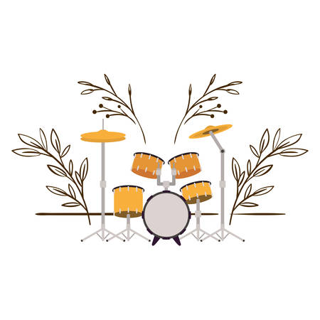 drum kit with branches and leaves in the background vector illustration designのイラスト素材