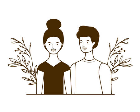 couple of people with landscape of branches and leaves of background vector illustration designのイラスト素材