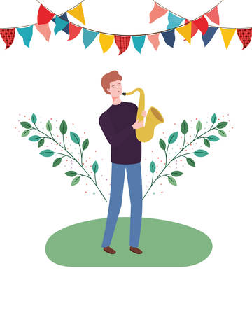 man with saxophone and branches and leaves in the background vector illustration designのイラスト素材