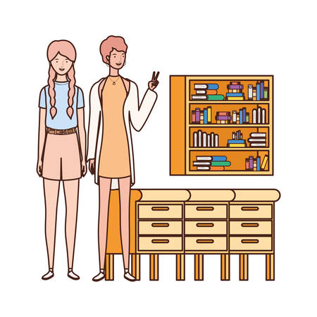 women standing with bookshelf of wooden and books vector illustration designのイラスト素材