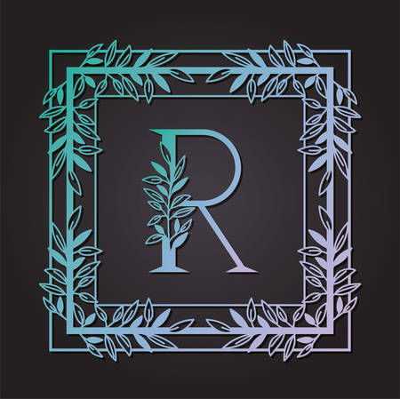 letter R in square frame with leafs vector illustration designのイラスト素材