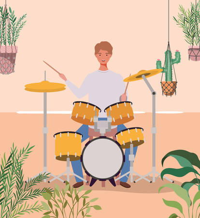 man playing battery drums character vector illustration designのイラスト素材