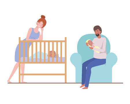 young couple sitting on sofa with newborn baby vector illustration designのイラスト素材
