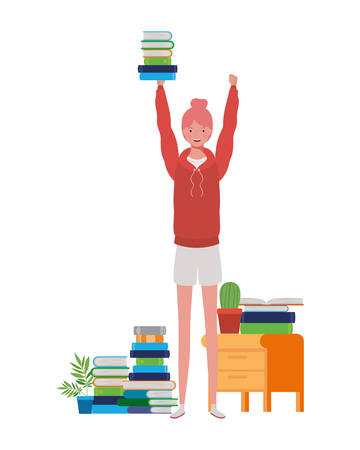 woman standing with bookshelf of wooden and books vector illustration designのイラスト素材