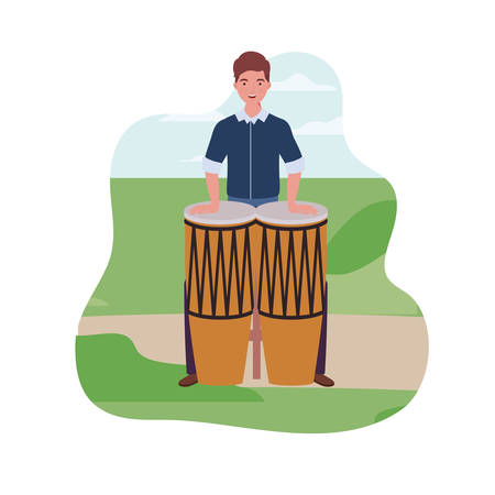 young man with congas in background landscape vector illustration designのイラスト素材
