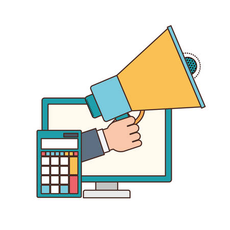 hand with megaphone and computer screen vector illustration designのイラスト素材