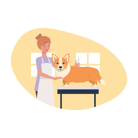 young woman with dog in pet groomer vector illustration designのイラスト素材