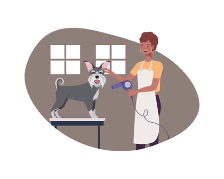 young woman with dog in pet groomer vector illustration designのイラスト素材