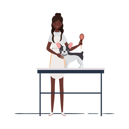 young woman combing a dog in pet groomer vector illustration designのイラスト素材