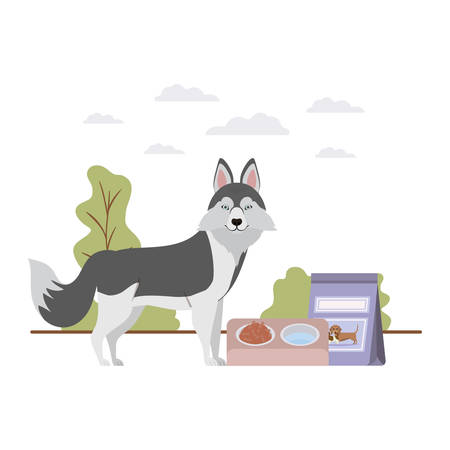 dog with bowl and pet food on landscape vector illustration designのイラスト素材