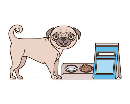 dog with bowl and pet food on white background vector illustration designのイラスト素材
