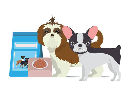 dogs with bowl and pet food on white background vector illustration designのイラスト素材