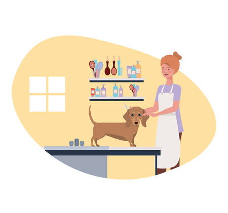 young woman with dog in pet groomer vector illustration designのイラスト素材