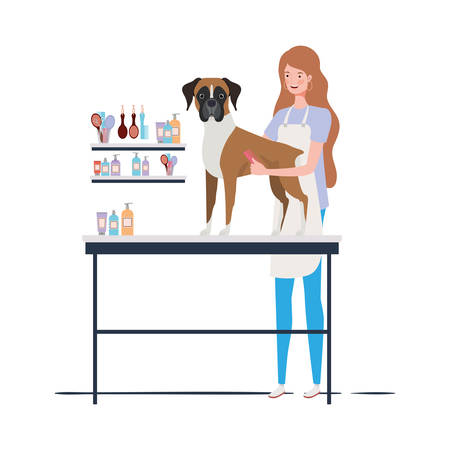 young woman with dog in pet groomer vector illustration designのイラスト素材