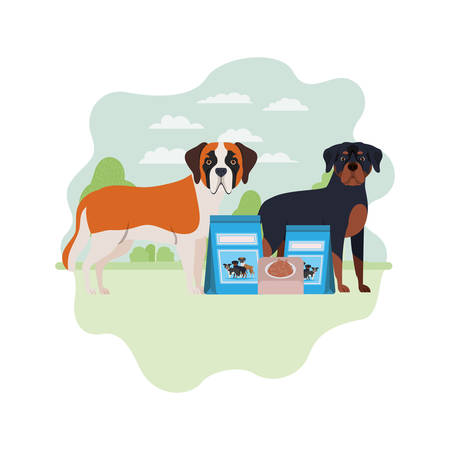 dogs with bowl and pet food on landscape vector illustration designのイラスト素材