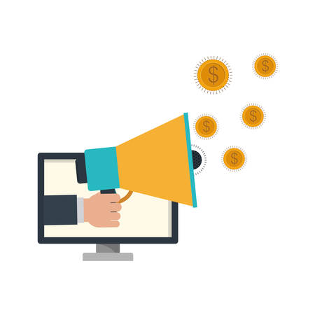 hand with megaphone and computer screen vector illustration designのイラスト素材