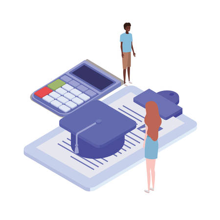 couple of people with calculator and sheet of paper on white background vector illustration designのイラスト素材