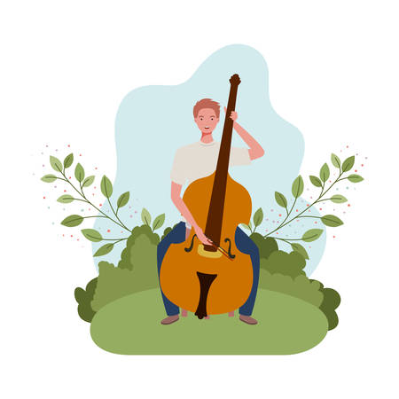 man with fiddle and branches and leaves in the background vector illustration designのイラスト素材