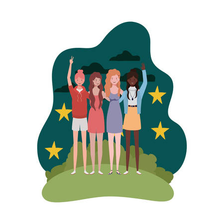 women with landscape background and stars on a night sky vector illustration designのイラスト素材