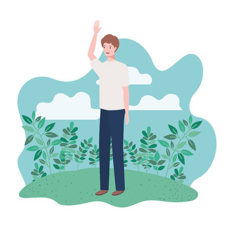 young man standing with landscape background vector illustration designのイラスト素材