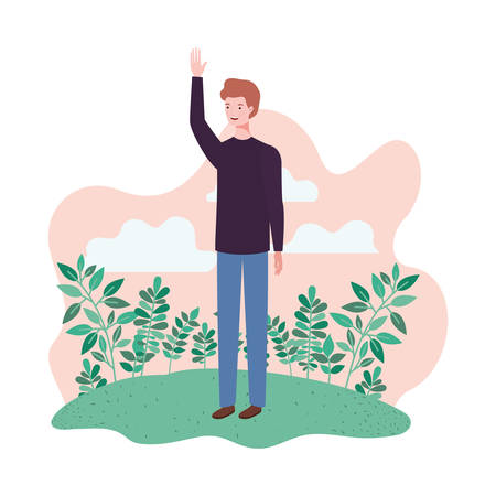 young man standing with landscape background vector illustration designのイラスト素材