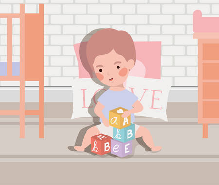 little baby boy playing with alphabet blocks vector illustration designのイラスト素材