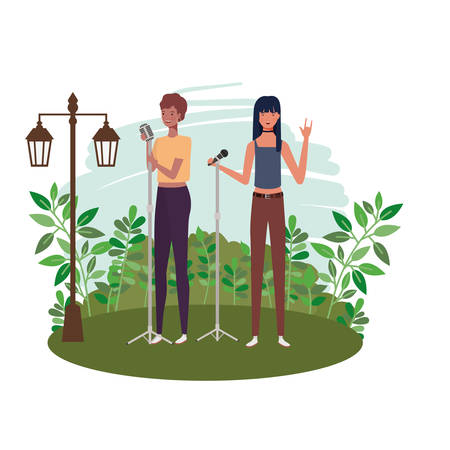 women standing with microphones and background landscape vector illustration designのイラスト素材