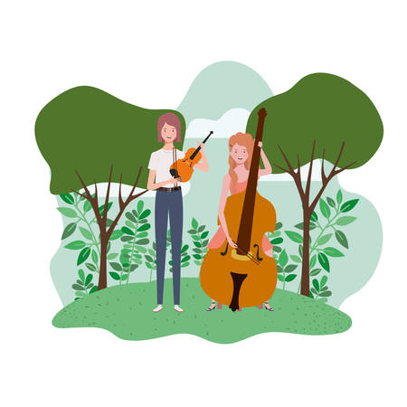 women with musical instruments and background landscape vector illustration designのイラスト素材