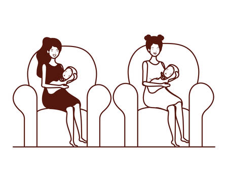 cute pregnancy mothers with little babies in livingroom vector illustration designのイラスト素材