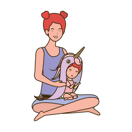 cute pregnancy mother seated with little girl characters vector illustration designのイラスト素材