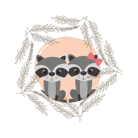 cute couple of raccoons with wreath vector illustration designのイラスト素材