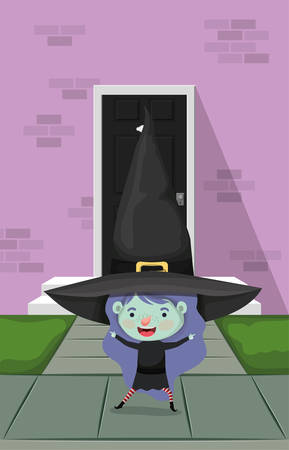 little girl with witch costume in the house door vector illustration designのイラスト素材