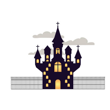 scary halloween castle with lights on white background vector illustration designのイラスト素材