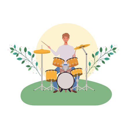 man with drum kit and branches and leaves in the background vector illustration designのイラスト素材