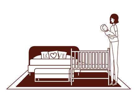 cute pregnancy mother with little boy seated in bedroom vector illustration designのイラスト素材