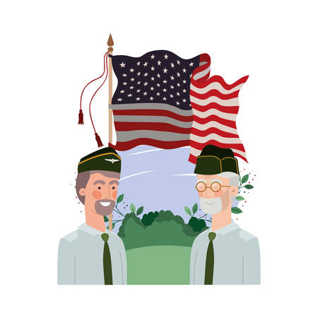 men soldiers of war with landscape and united states flag vector illustration designのイラスト素材