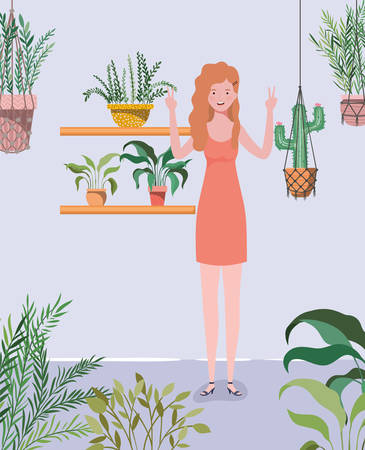 young and beautiful girl in the garden character vector illustration designのイラスト素材