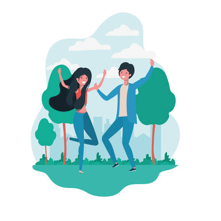 couple dancing in landscape with trees and plants vector illustration designのイラスト素材