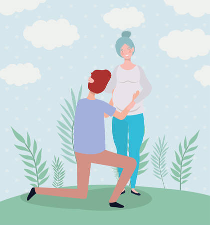 cute lovers couple pregnancy characters in the landscape vector illustration designのイラスト素材