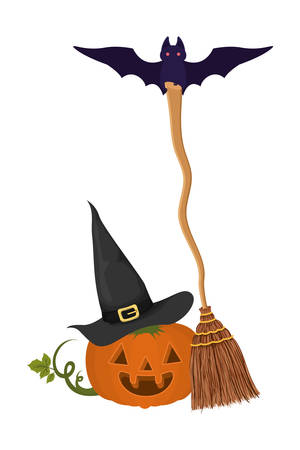 halloween pumpkin with broom and bat vector illustration designのイラスト素材