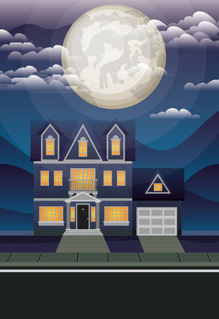 beautiful house in the neighborhood at night scene vector illustration designのイラスト素材