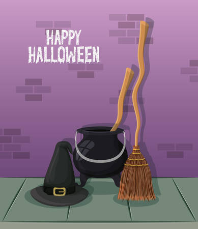 halloween celebration card with witch cauldron and broom vector illustration designのイラスト素材